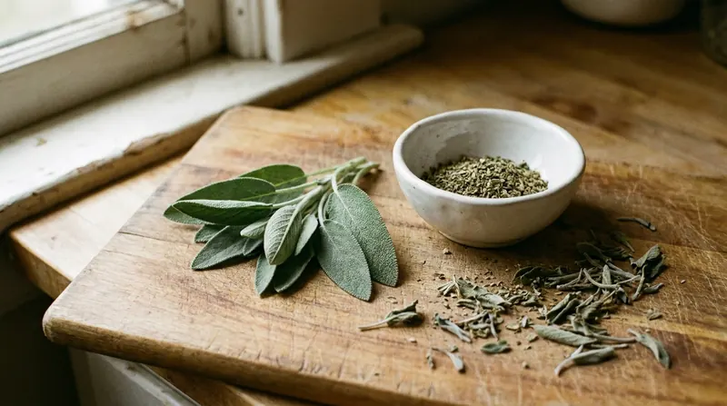 Fresh sage leaves and a small dish of ground dried sage on a wooden board