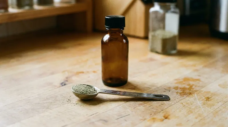 A level half teaspoon of ground sage on a wooden counter beside a small amber bottle