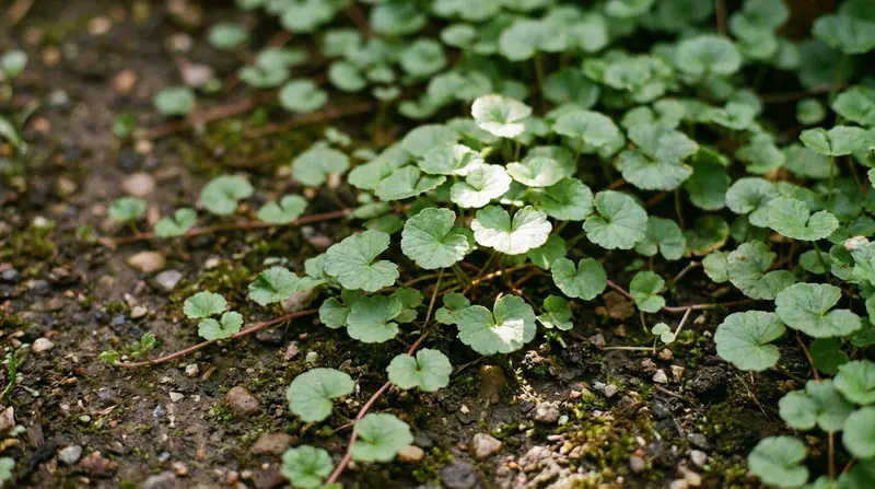 A creeping gotu kola plant with round green leaves growing close to the ground