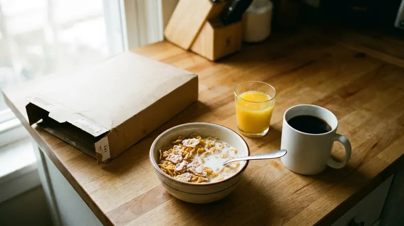 A bowl of sugary breakfast cereal with milk beside its box, a glass of juice and a mug of coffee on a kitchen counter