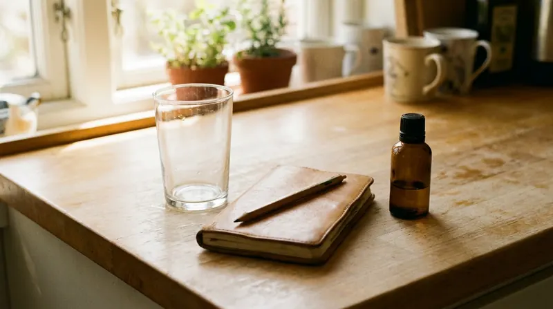 A kitchen counter at the end of the morning with an empty glass, a closed notebook and a small amber bottle