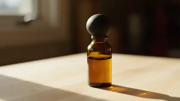 A man's hands shaking a small amber bottle and unscrewing its black bulb cap