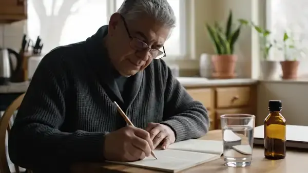 A man in his sixties at a kitchen table marking a figure in the margin of a printed page beside a small amber bottle