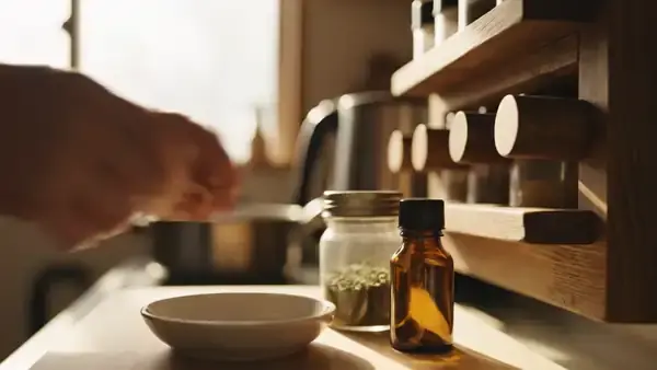 A man's hands tipping a level half teaspoon of ground sage into a small dish beside a small amber bottle