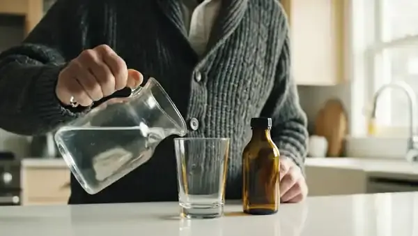 A man in his sixties pouring two ounces of water into a glass and stirring it beside a small amber bottle