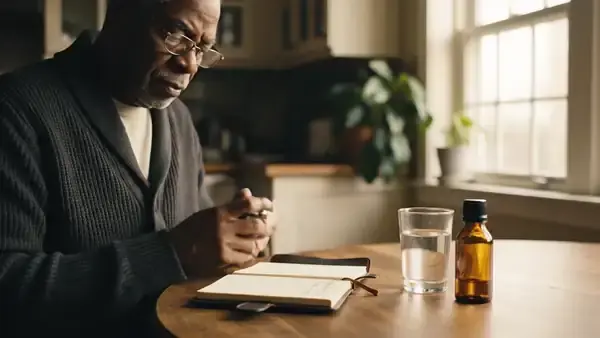 A man in his sixties writing a line in a pocket notebook and closing it, beside a glass of water and a small amber bottle