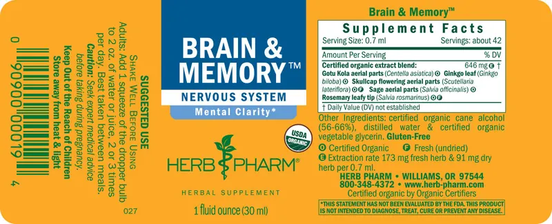 The unfolded label of Herb Pharm Brain and Memory showing the supplement facts panel, directions and cautions
