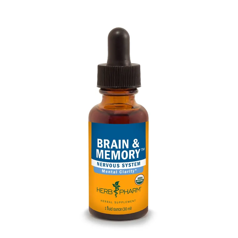 The one-ounce amber glass bottle of Herb Pharm Brain & Memory liquid herbal extract with its black bulb cap